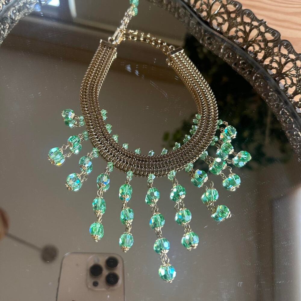 Laroco Women’s Statement Choker Necklace Gold Chain Green Aurora Crystal Drop